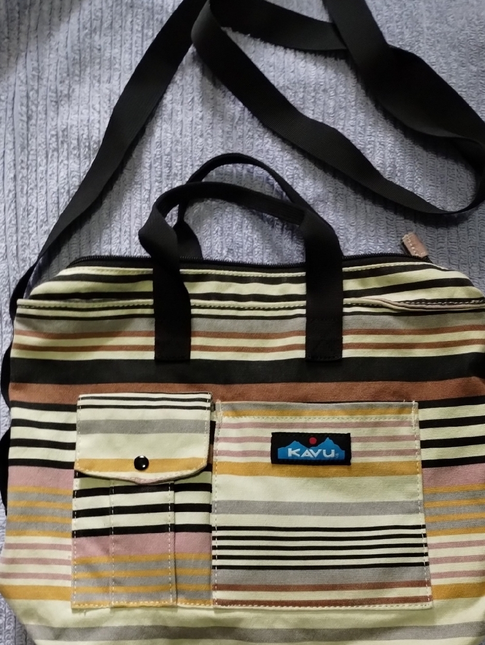 Kavu Striped Canvas Messenger Bag in Cream, Tan, Brown, Pink, Black